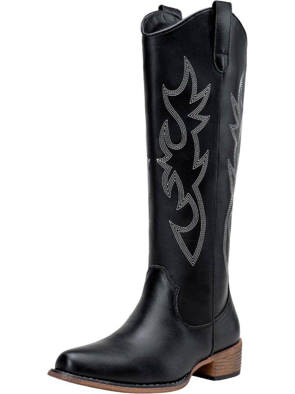 Women's Black Knee High Western Tall Round Toe Side Zipper Low Heel Cowgirl Boot